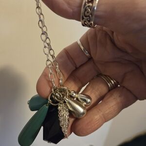 Elegant Silver With Teal, Leaf And Charms Pendant Necklace 16 Inch With 2 Ext